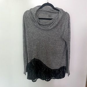 Gray Large Cowl-neck Vanity Sweater with Black Lace Detail on Bottom Half